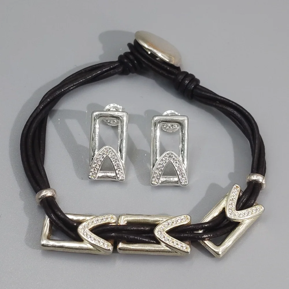 

2026 Spain Sparkling Exquisite Gold and Silver Diamond Set Rectangular Buckle Earrings Bracelet Jewelry Two Piece Set