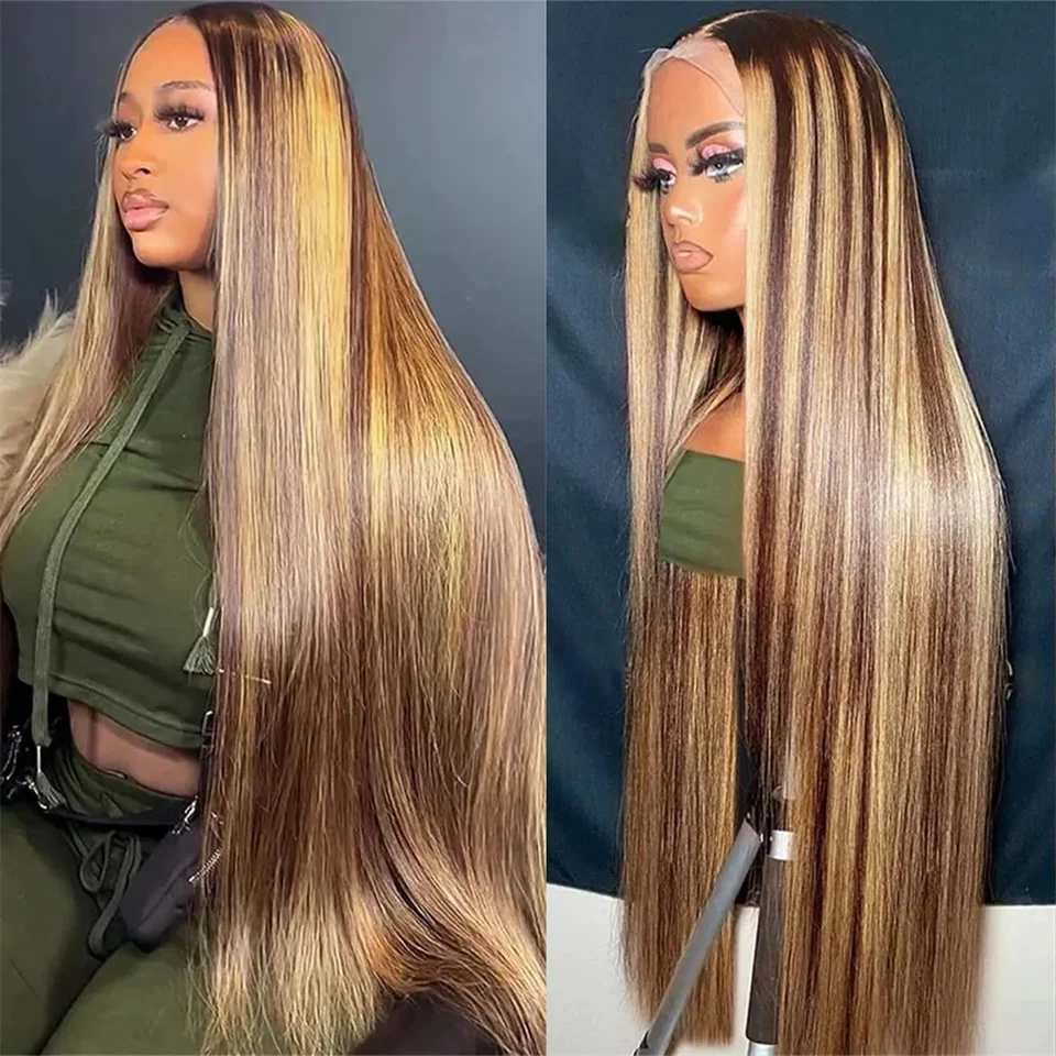 34inch Highlight Straight Lace Front Wigs Human Hair Preplucked Density180 P4/27 13x4 Ombre Honey Blonde Straight Lace Front Wig