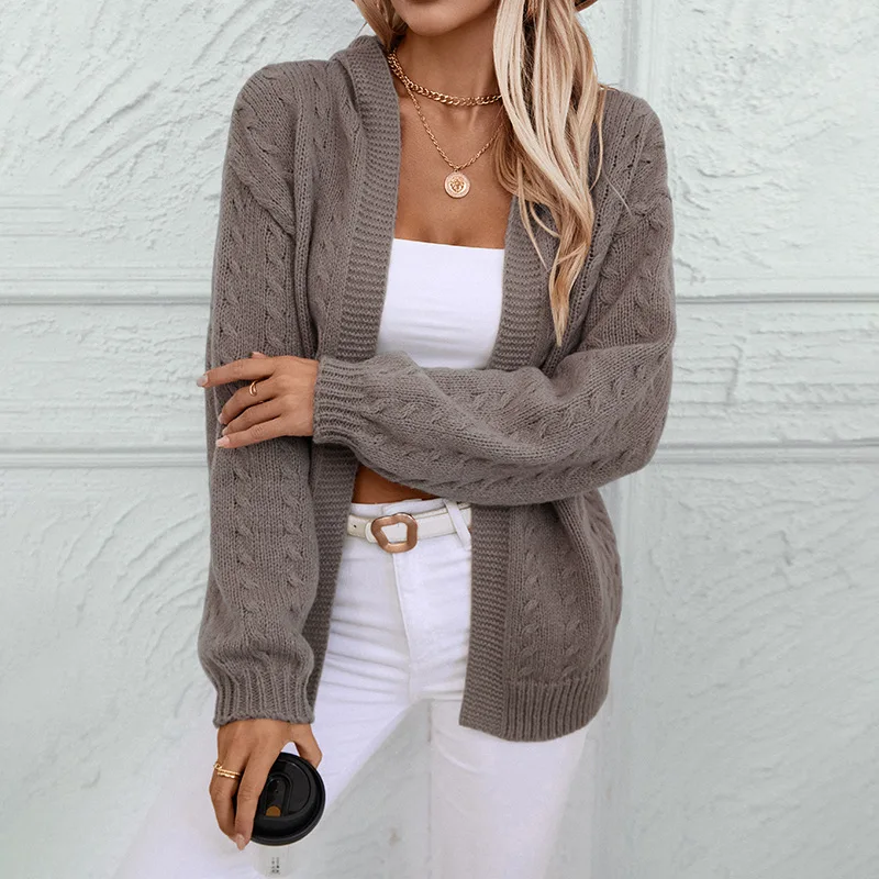 Women's Simple Solid Color Long-Sleeved Cardigan Knitted Sweater for Autumn and Winter
