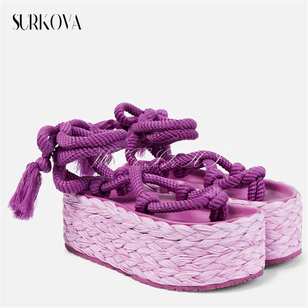 Solid Color Woven Straps Espadrilles Flat Platform Ladies Shoes Boho Flip Flops Sandals Women\'s Summer Fashion Vacation Sandals