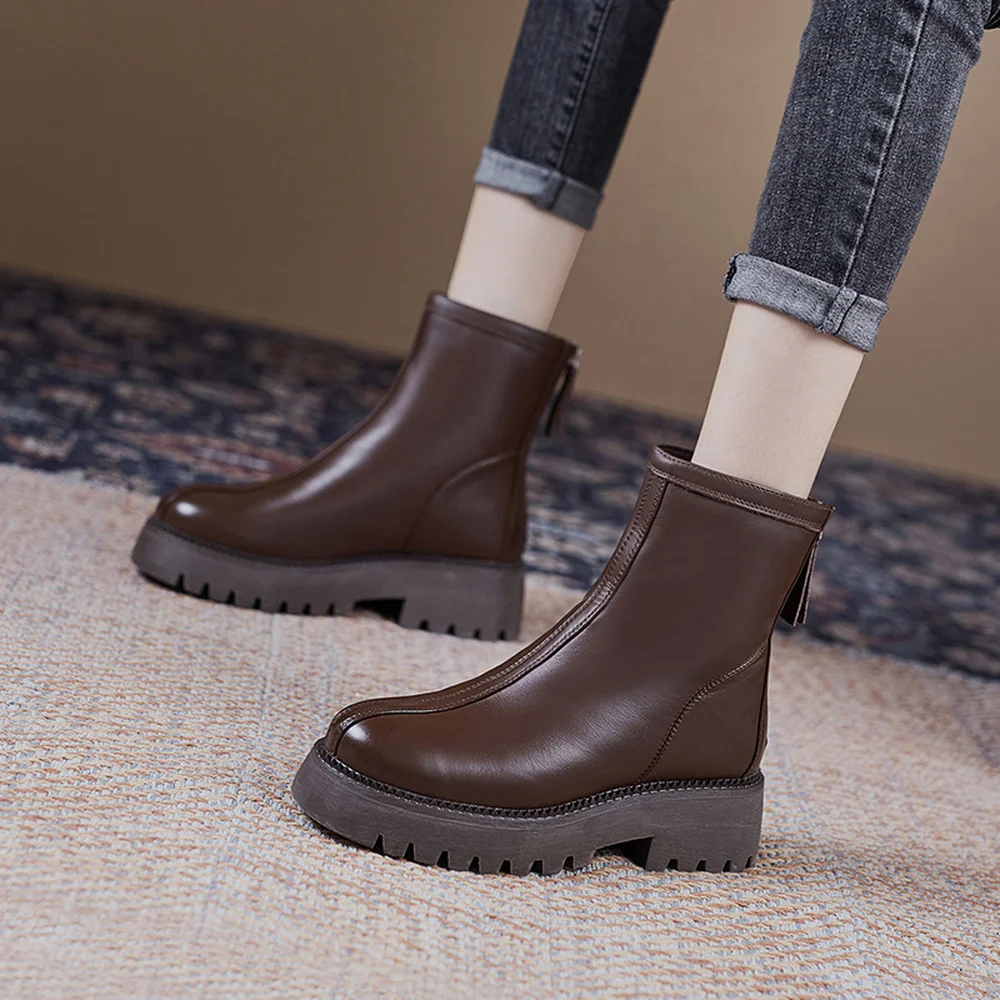

Leather short boots autumn and winter new high-top thick-soled women's boots casual short single boots rear zipper boots