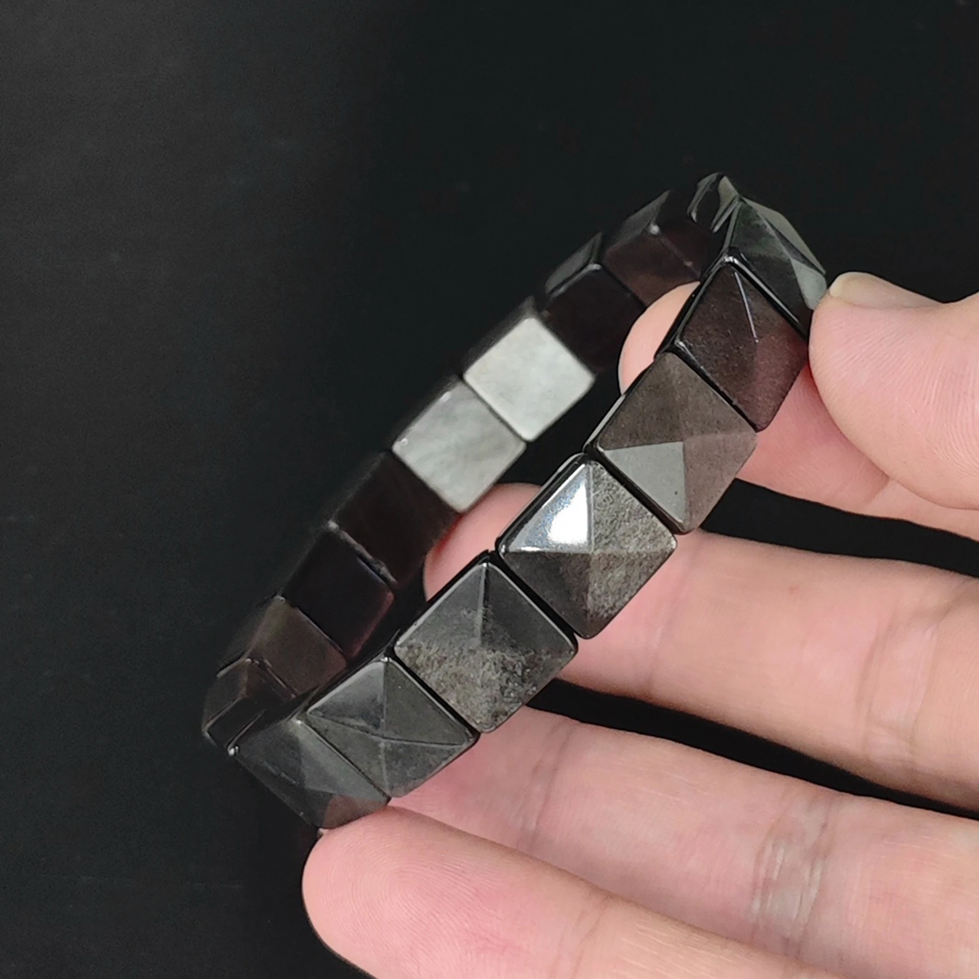 Silver Sheen Obsidian Bracelet Natural 11mm Pyramid Faceted Square Cube Bead Segment Bangle Unisex Gemstone Gift 16-22cm