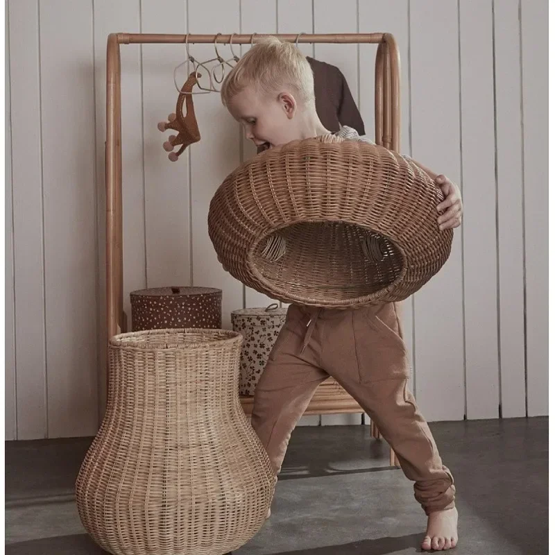 

Ins Natural Laundry Basket Hand-woven Rattan Storage Box Mushroom with Lid Decorative Basket Kid's Toys Organizer Basket