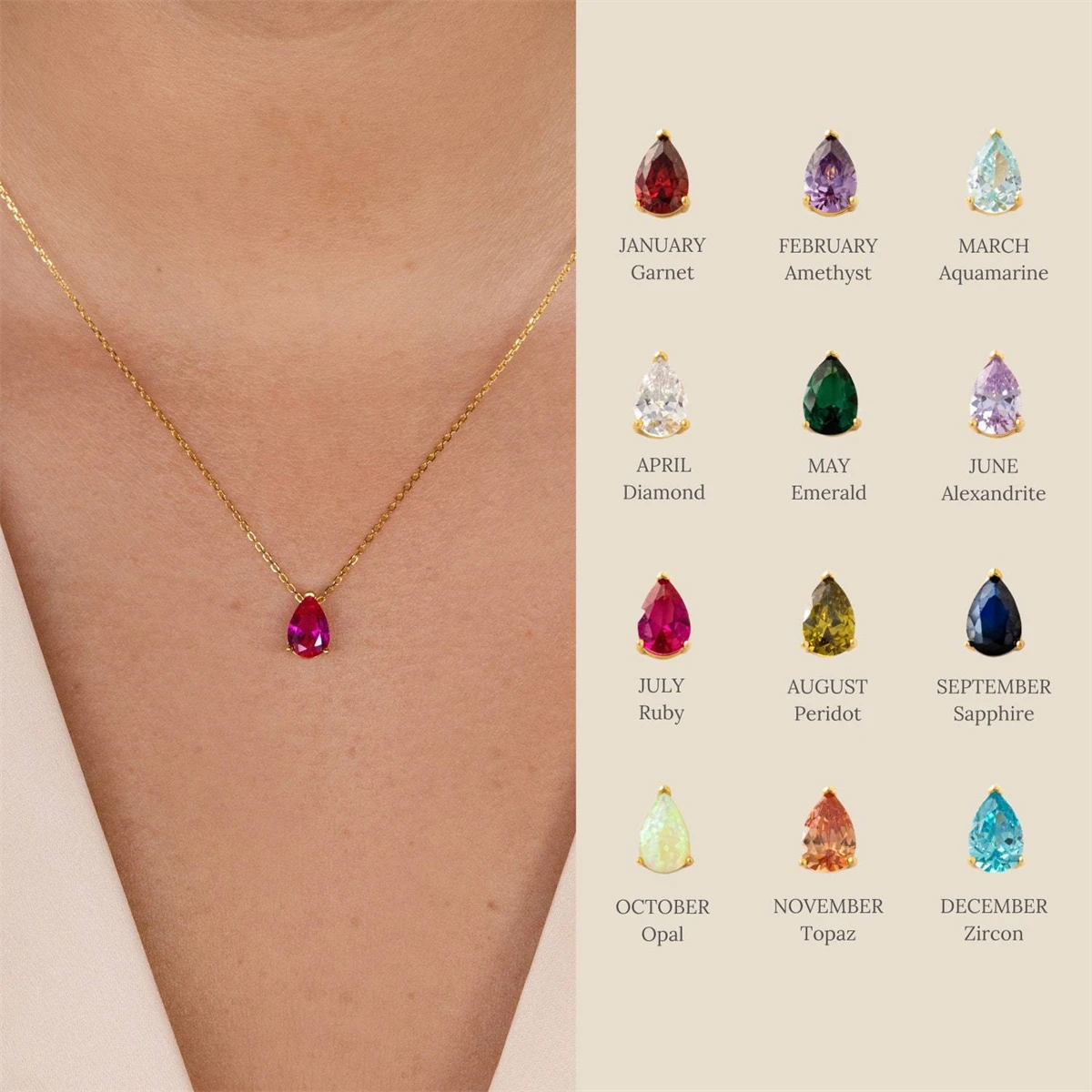 Titanium steel pear shaped water droplet zircon December birthstone necklace vacuum plated 18k real gold in the furnace