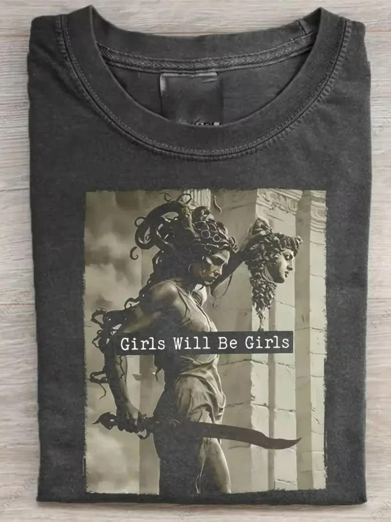 Medusa Girls Will Be Girls Graphic T-Shirt, Women's Vintage Washed Goddess Crew Neck Casual Short Sleeve Daily Street Style Top