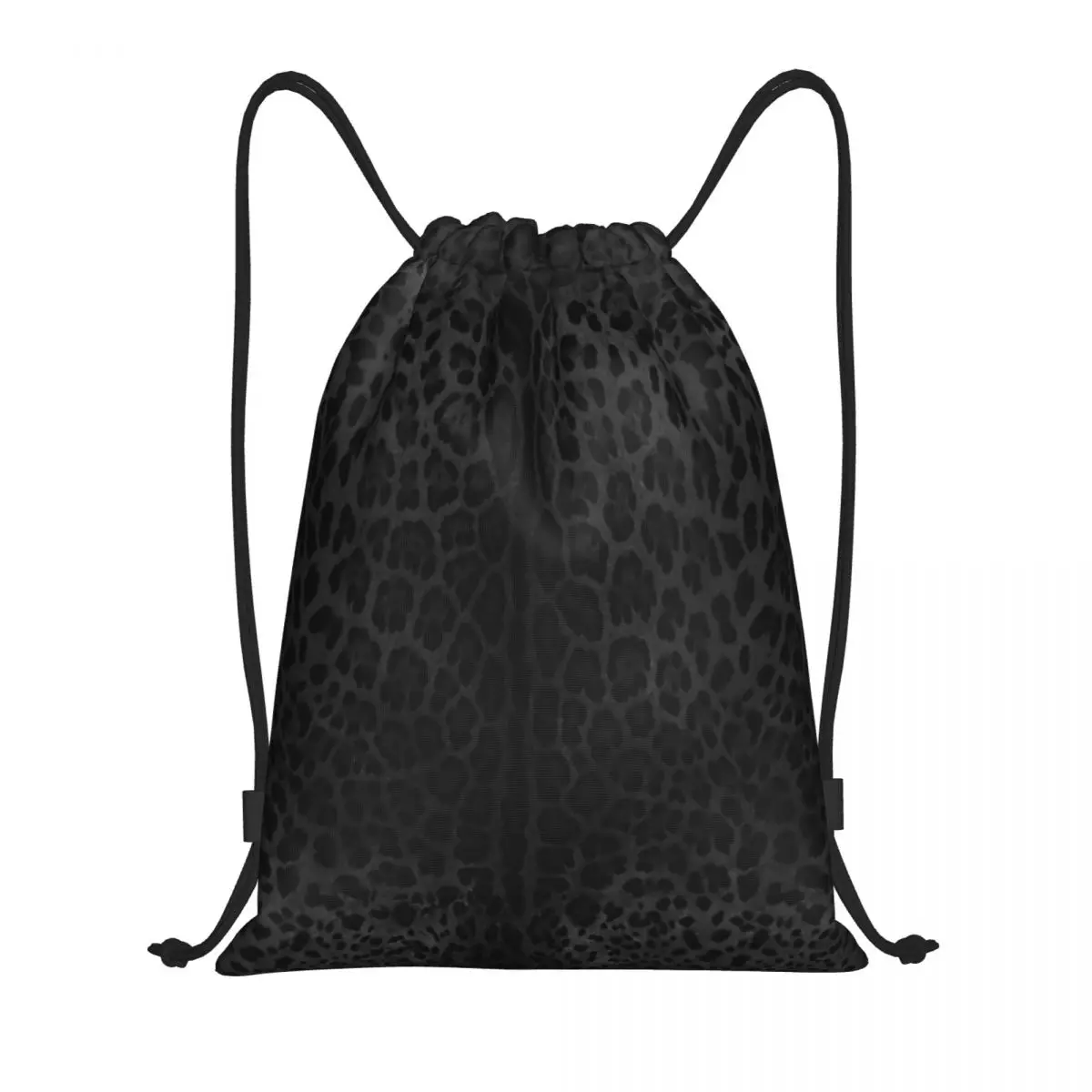Black Leopard Print Skin Drawstring Backpack Women Men Sport Gym Sackpack Foldable Animal Texture Training Bag Sack