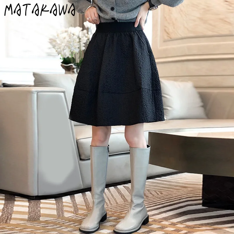 

Matakawa Black A-line Women Skirts Spring Autumn Solid Vintage Elegant Mini Skirt Korean Fashion Sweet High Waist Faldas Mujer