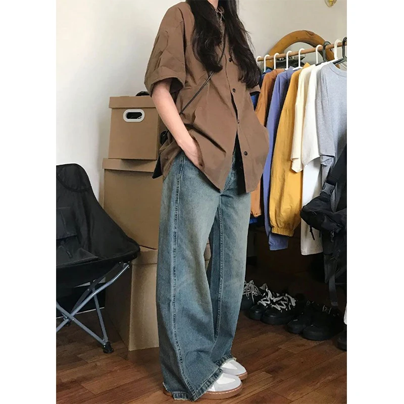 MEXZT camicie Vintage donna Harajuku camicette oversize a maniche corte Bf estate Streetwear bottone coreano giapponese allentato top Casual