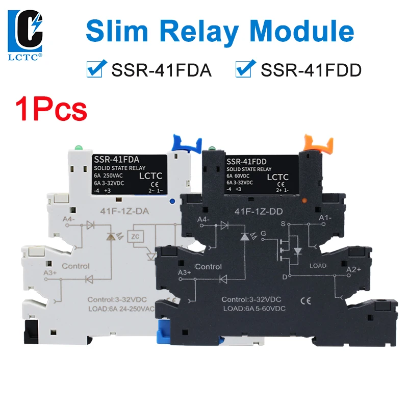 LCTC 1 قطعة SSR تتابع الحالة الصلبة DIN السكك الحديدية سليم وحدة التتابع SSR-41FDD SSR-41FDA تيار مستمر إلى التيار المتناوب تيار مستمر إلى تيار مستمر 6A مرحل عدم الاتصال مع LED