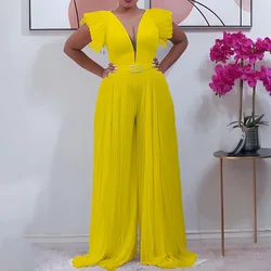 Pleated Jumpsuits for Women Elegant 2024 New V Neck Ruffles Sleeve High Waisted Floor Length Luxury Party Dinner Celebrate Cloth