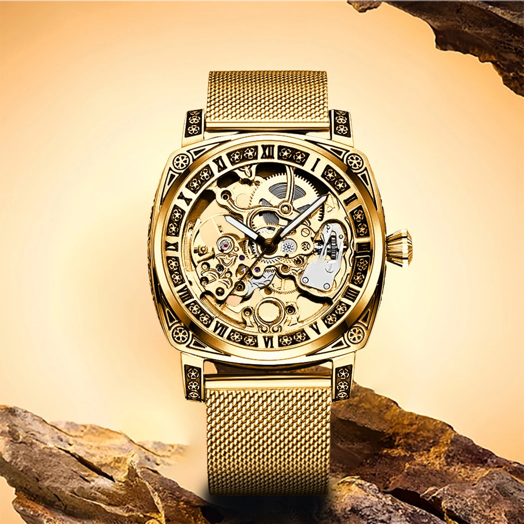 New men\'s watch with hollowed out carving design, high-end fashion disc gold mesh belt, men\'s fully automatic mechanical watch