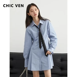 CHIC VEN coreano camicia da donna vestito blu cotone vita pieghettata a-line a maniche lunghe camicetta femminile vestito primavera estate 2024