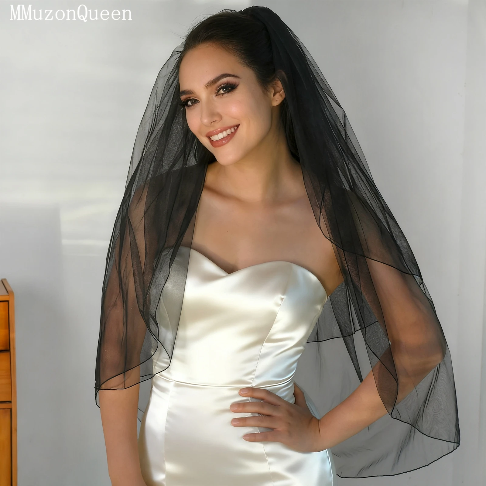 

TOPQUEEN Black Bridal Veil 2-Layer Pencil Edged Wedding Dress Soft Chiffon Wedding Accessories Customizable V15
