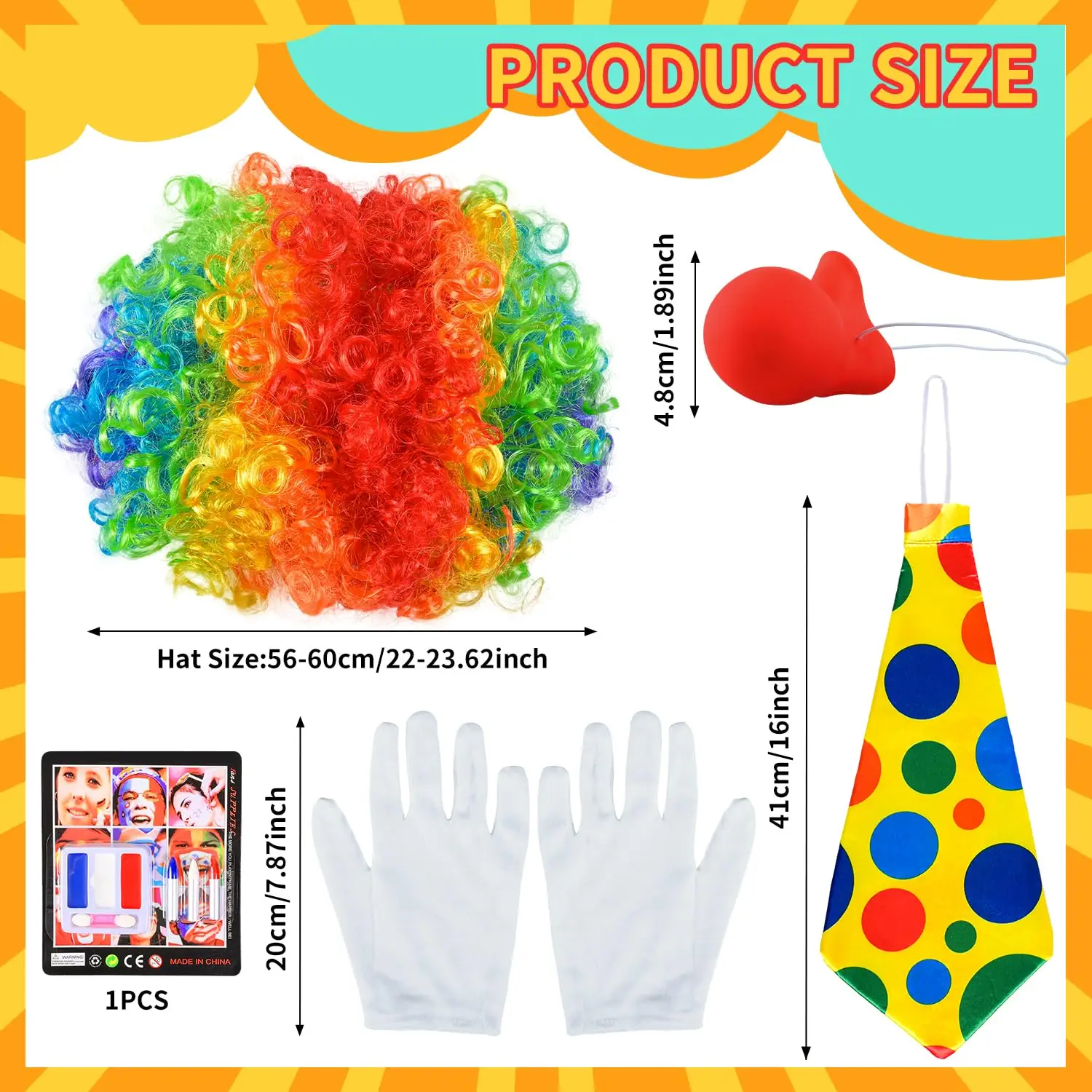 Clown Accessories Costume, Rainbow Curly Wig, Face Paints Clown Make-Up Kit, Red Nose, Colorful Tie, Gloves - Halloween Cosplay