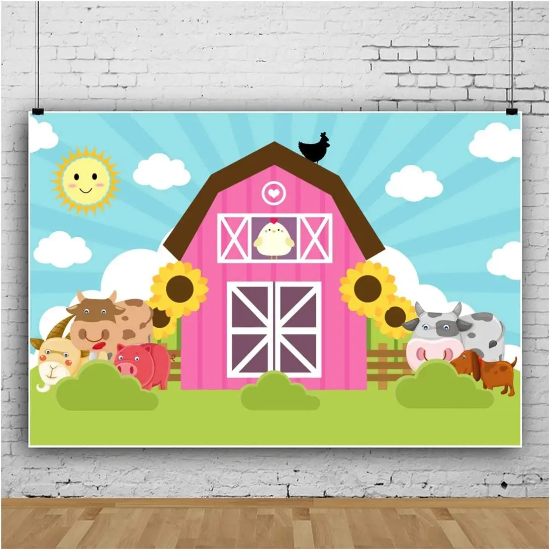 

Cartoon Farm Backdrop Pasture Photography Background Livestocks Animals Flowers Meadow Boys Girls Birthday Party Banner Photo