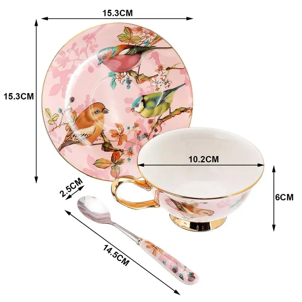 Pastoral Bird Bone China Tea Cup Saucer Spoon Set Europe Porcelain Coffee Cup 200ml Mug Tray Cafe Tumbler Party Drinkware