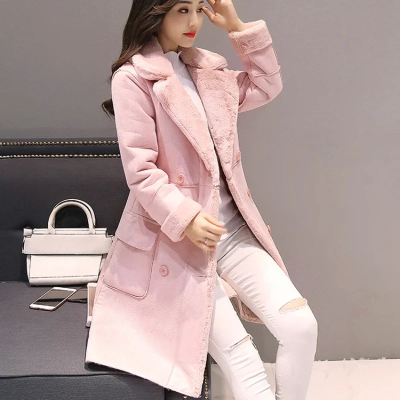 2023 New Light Pink Lamb Fur Long Coat Women Winter Korean Style Thicken Cashmere Long Sleeve Loose Fashion Tide Woolen Outwear