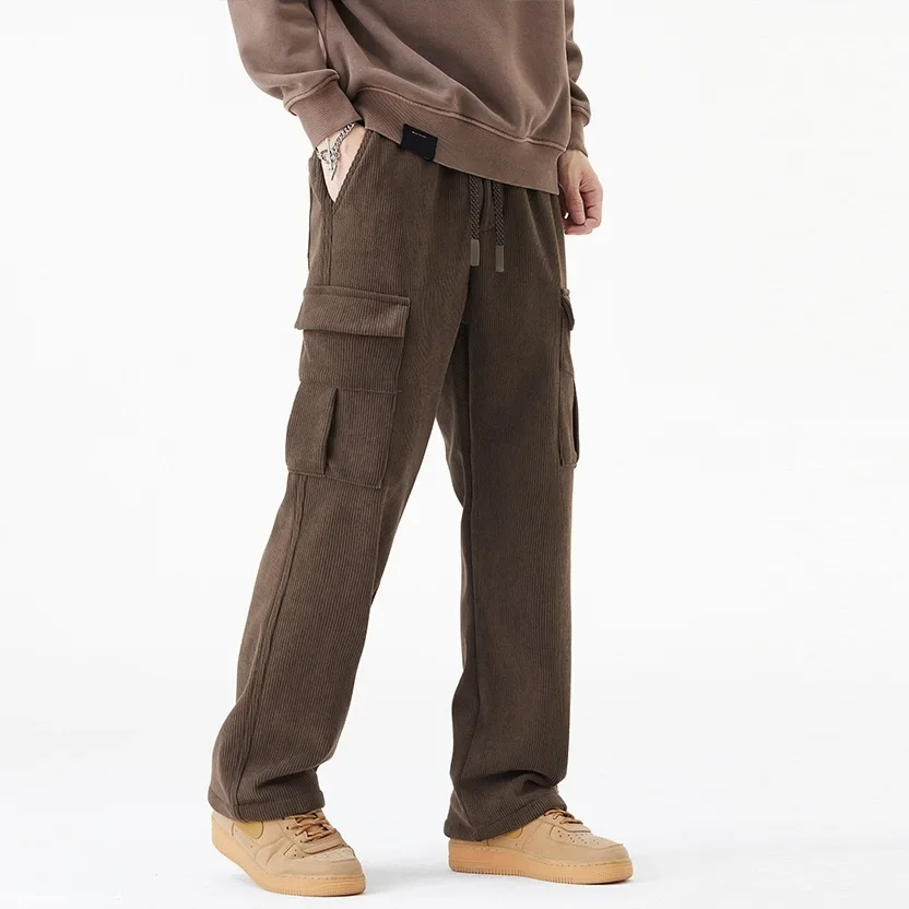 2024 New in Winter Corduroy Pants Men Straight Wide Leg Cargo Trouser Male Elastic Waist Loose Fit Thick Brown Warm Fleece Plush