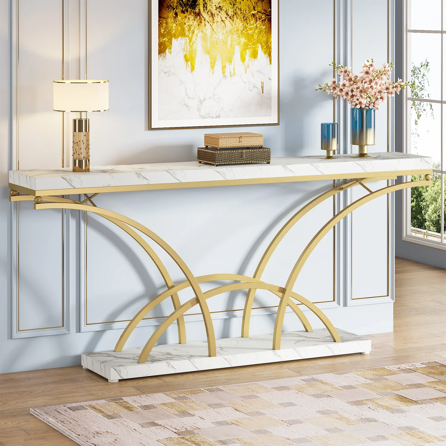 Tribesigns 70.9 Inch Long Console Table for Entryway,Gold Sofa Table with White Faux Marble Tabletop,Mid Century Accent Table