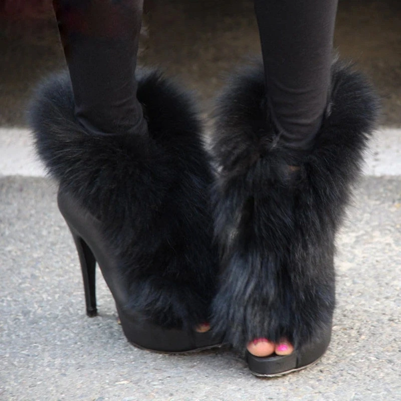 

Sexy Ladies Peep toe Real Fox Fur Wrapped Ankle Boots Platform Thin High Heels Fur Boots Women Street Runway Short Bottines