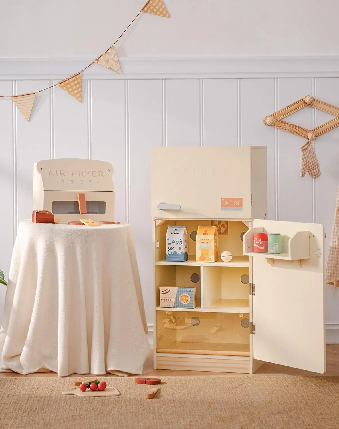 Réfrigérateur à jouets en bois pour enfants et tout-petits, réfrigérateur avec accessoires, jeu de simulation, congélateur avec P