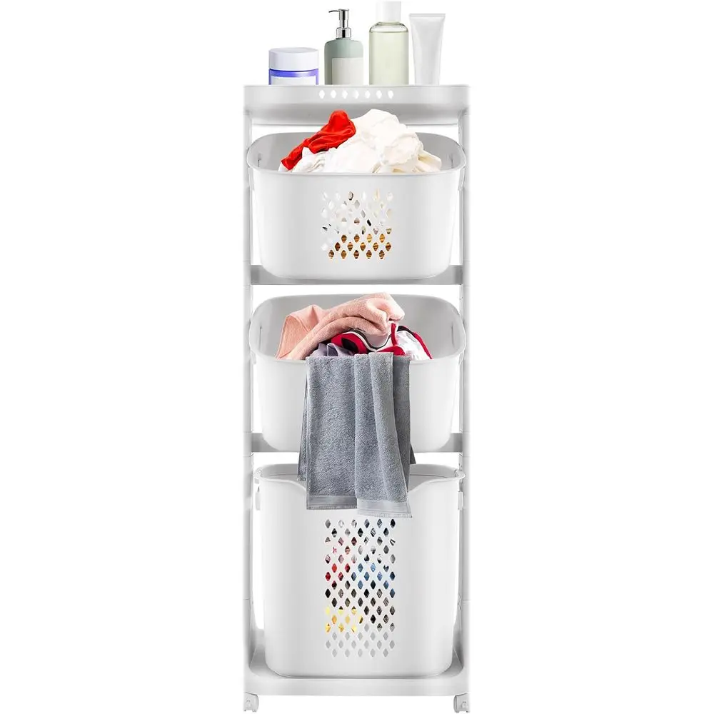 Laundry Basket Storage Basket 3 Tier Rolling Laundry Hamper With Wheels And Brakes Multi Layer oldable Storage Organizer Basket,