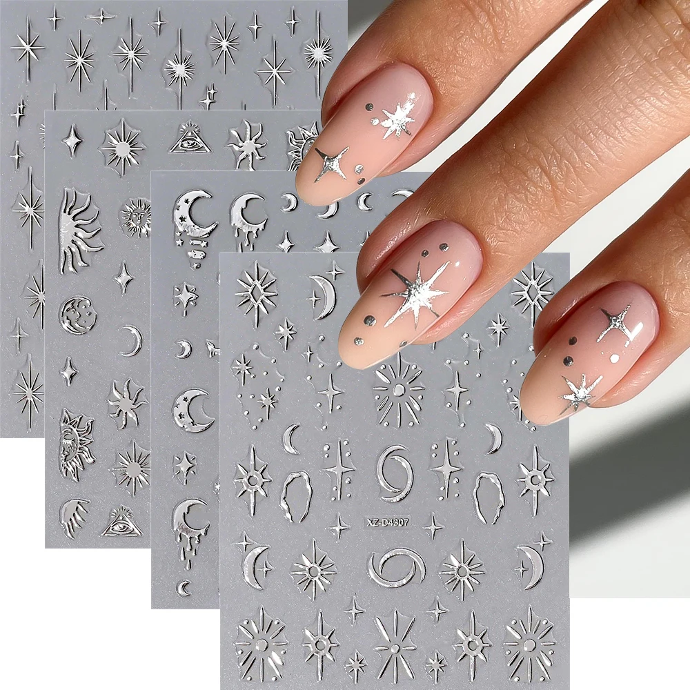 1pcs 3D Bronzing Silver Star/ดวงจันทร์/ดวงอาทิตย์สติกเกอร์เล็บ METALLIC Silvery Starlight Y2k เล็บ Decals 8*10 ซม.Self-Adhesive DIY เล็บ