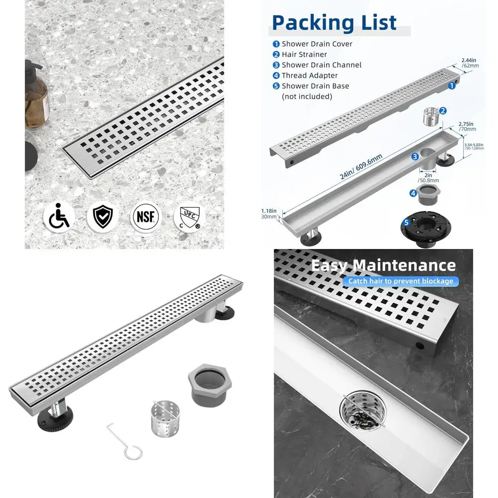 

24 Brushed Nickel Linear Shower Drain with Removable Grate, 304 Stainless Steel, Adjustable Feet, Hair Catcher