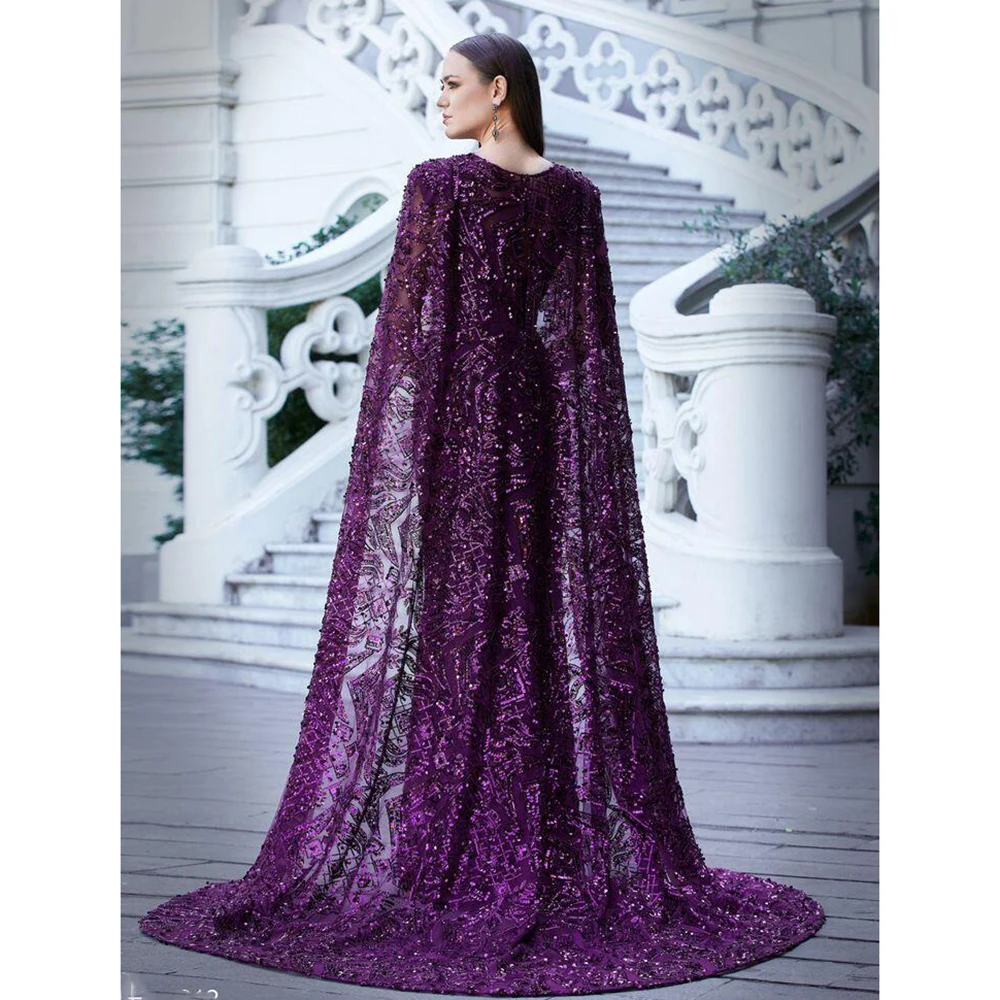 Elegant Purple Lace A-Line Women Evening Dress With Shawl Sleeves O Neck Custom Made Gown Vestido de novia