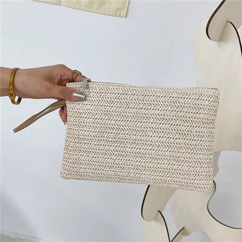 Weaving Bag Fashion Ladies Wristlet Clutch Women Daily Money Phone Clutch Solid Straw Woven Coin Purse Beach Wallet Card Holder