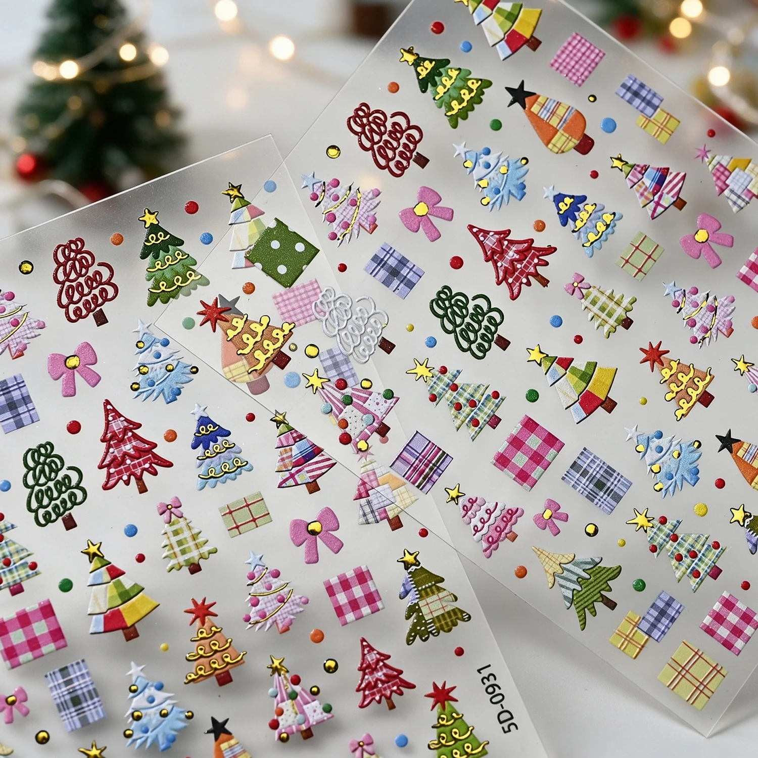 2Pcs Colorful Frosted Checkered Christmas Tree Nail Stickers Kawaii Gold Sliver Star Rhinestone Bow Cartoon Nail Decals DIY Deco