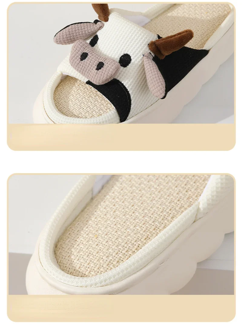 Home Slippers Frog Cow Women Summer Cute Linen  Couples Indoor House Non Slip Thick Funny Sandals Cartoon Kawaii Shoes 2024 New