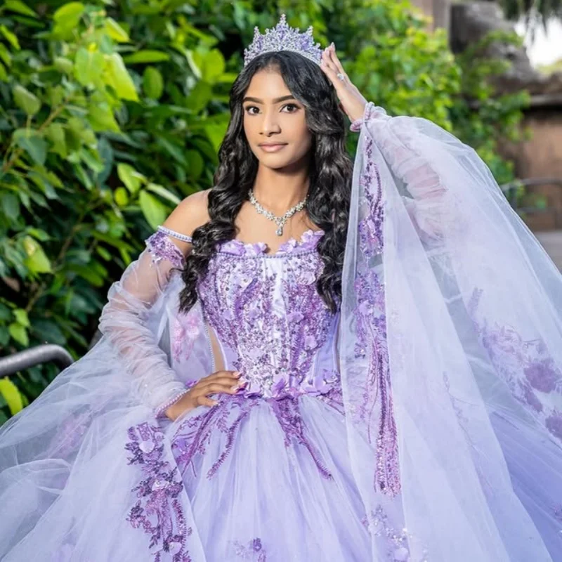 

Индивидуальные лавандово-фиолетовые платья Quinceanera с открытыми плечами, хрустальная наклейка, длинный хвост, кружево с 3D цветком, Vestido 15, Quinceanera