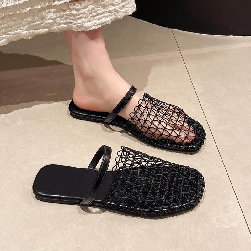 Crochet Net Mule Slippers Woman Chic Brand Design Mesh Flat Sandals Ladies Summer Elegant Hollow Out Fishnet Shoes