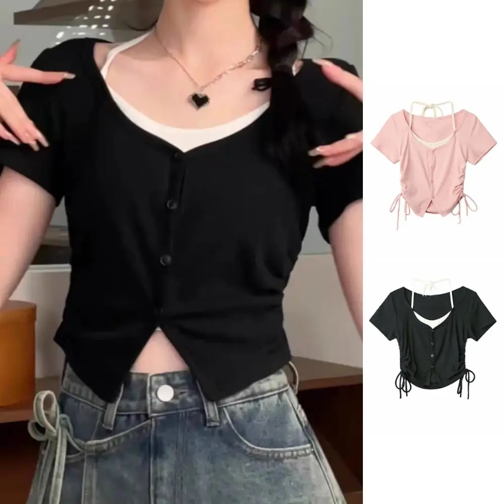 سترة علوية كورية ناعمة مكونة من قطعتين ملابس الشارع الجمالية برباط علوي قصير وحزام سباغيتي وأكمام قصيرة سترات خفيفة الوزن للنساء #3