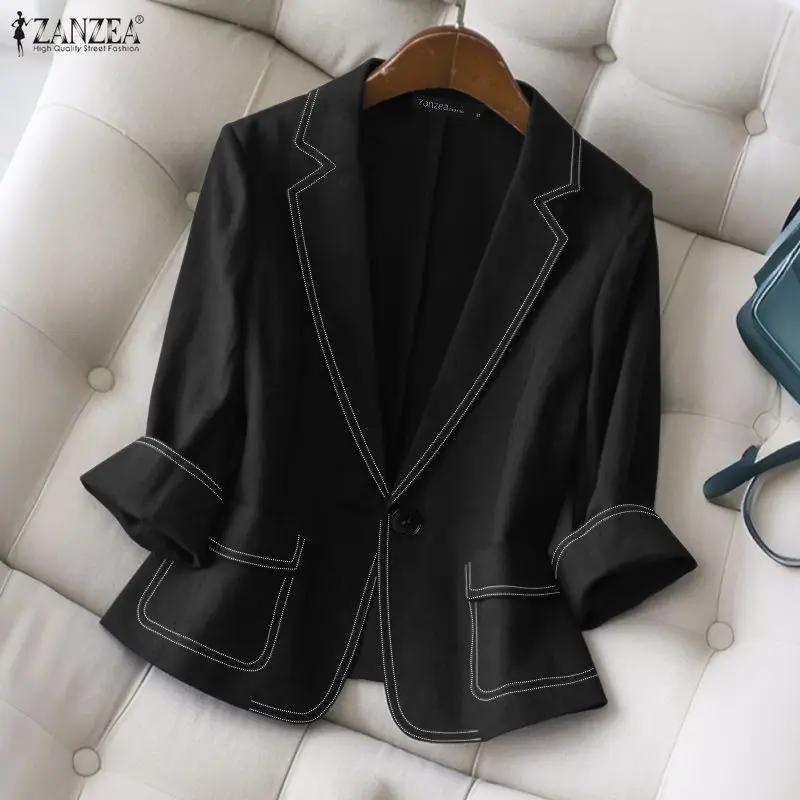 ZANZEA mode femmes Blazer automne revers cranté à manches longues contraste-point vestes printemps léger manteaux femme vêtements
