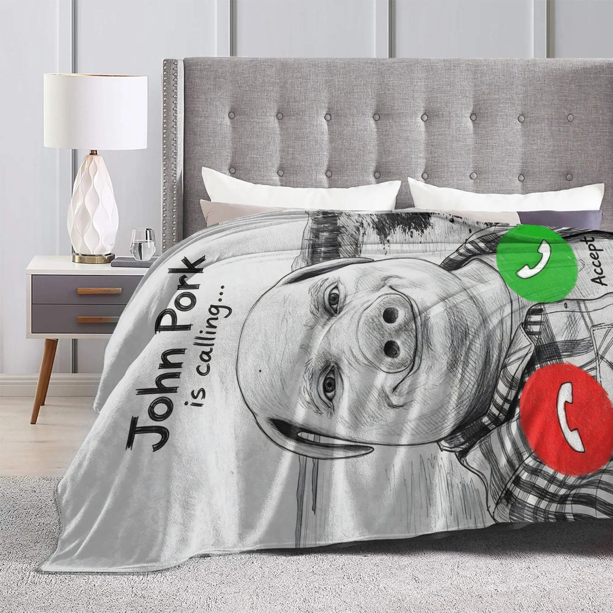 Black White Style John Pork is Calling Flannel Blanket Funny Meme Novelty Throw Blankets for Home 125*100cm Bedspread