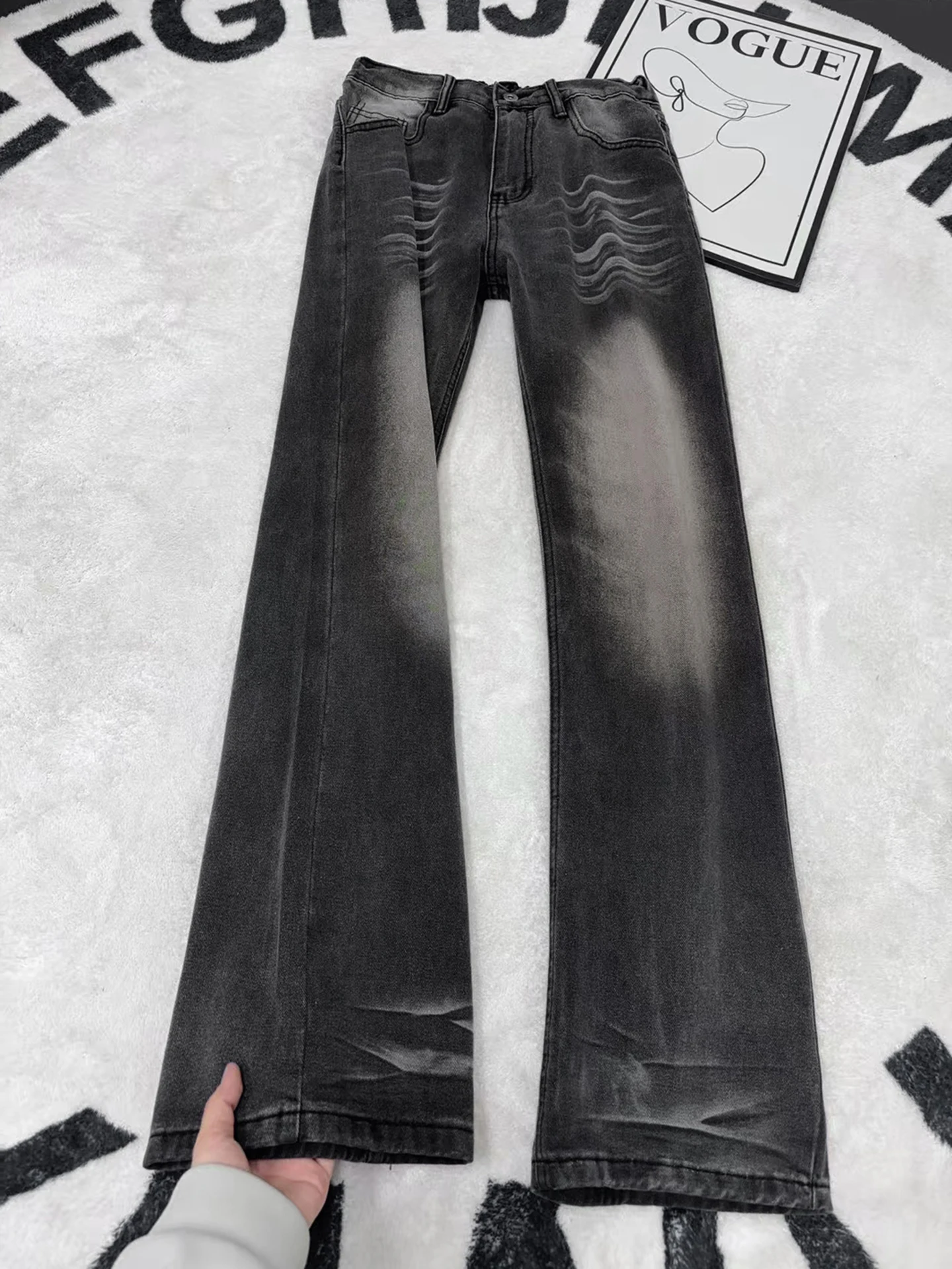 

Мужские джинсы Slim Fit с волнообразным узором, в стиле High Street, эластичные, прямые, слегка расклешенные, повседневные, из хлопкового денима