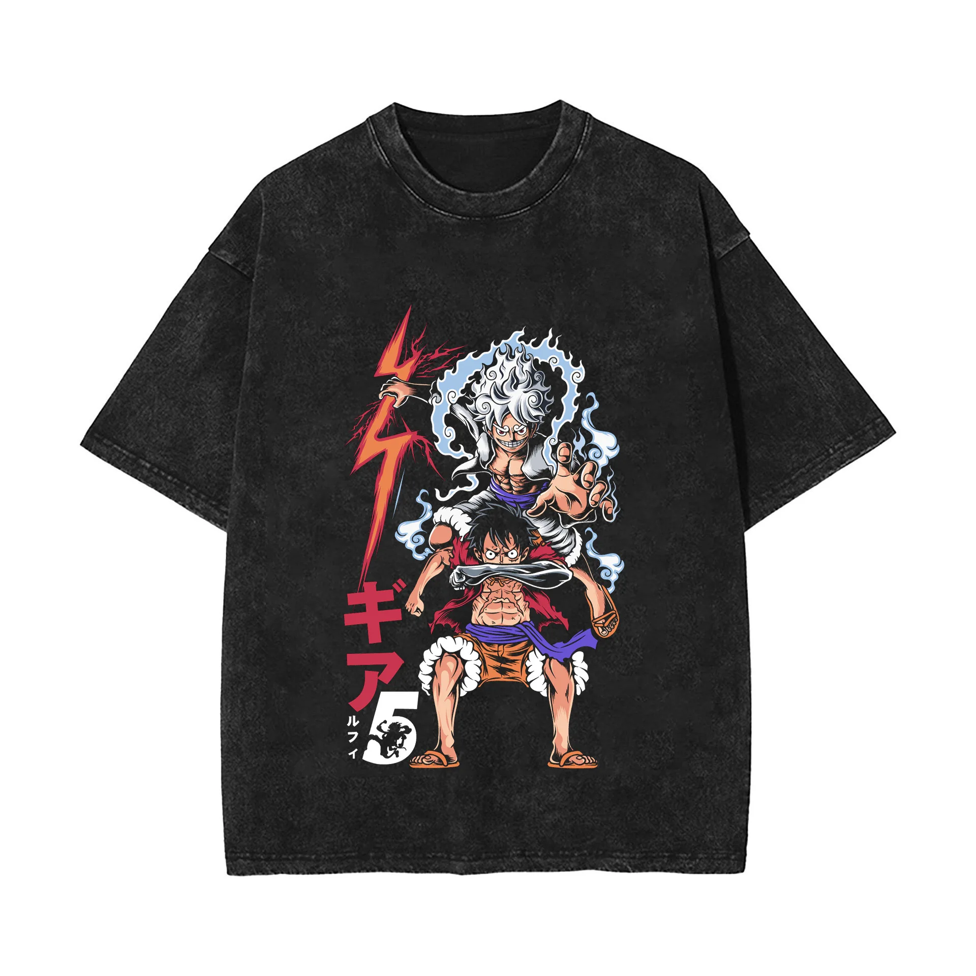 One Piece Luffy Kidd Law bedrucktes T-Shirt für Herren und Damen, gewaschenes T-Shirt, hochwertiges Vintage-Baumwoll-T-Shirt, Harajuku-Tops