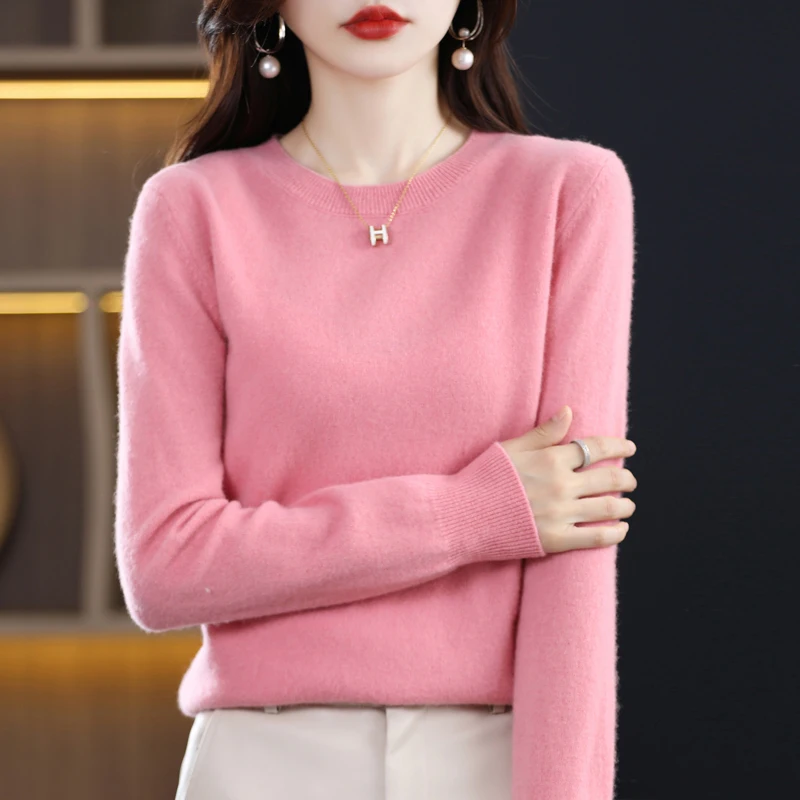 100% autumn and winter new pure woolen sweater women\'s knitted bottoming shirt round neck cashmere sweater foreign style Joker.