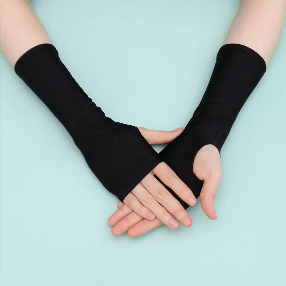 Sunscreen Protection Fingerless Long Gloves Women Arm Cool Summer Solid Mittens Half Finger Sleeves Black White Nude