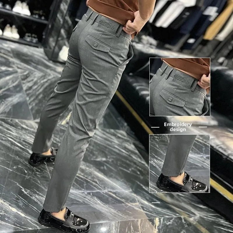 

Мужские брюки Busin Casual, высококачественные, облегающие, не требующие глажки, весна-лето, новые, укороченные, из полиэфирного волокна