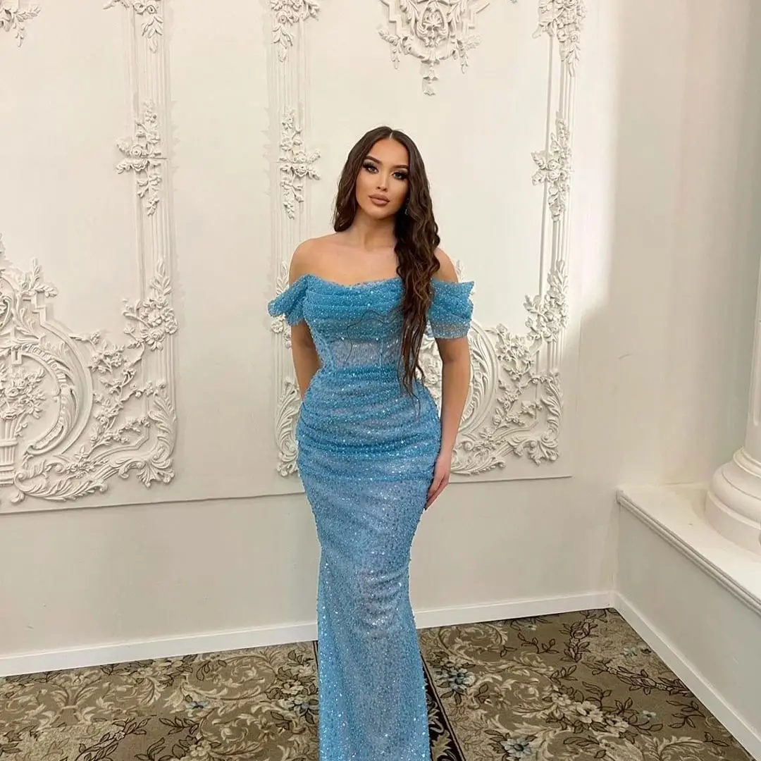 Luxury Mermaid Evening Dress Off The Shoulder Sequined Wedding Party Gown Ruched Pleat Floor Length Prom Dresses فساتين السهرة