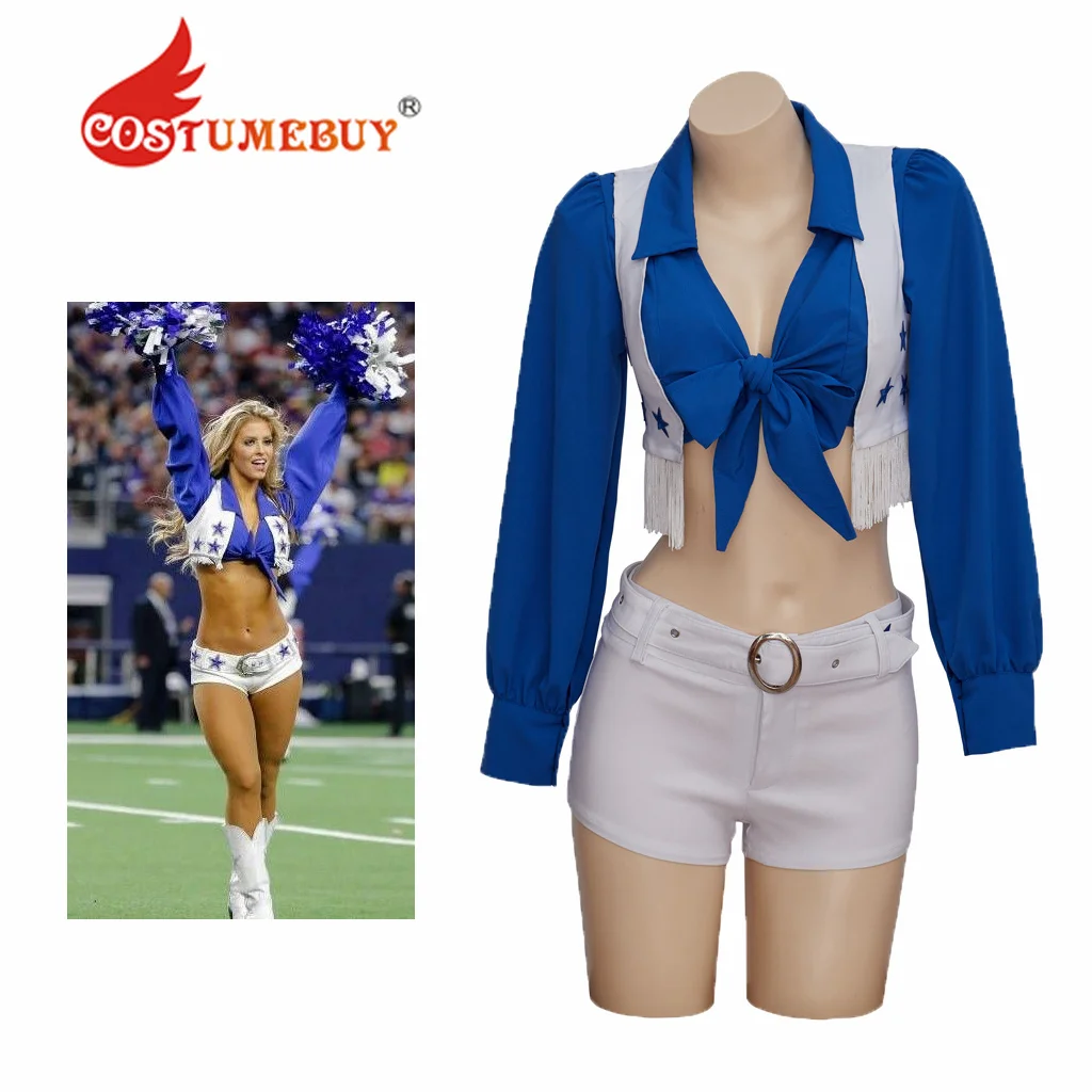 Women's Cheerleader Costume High School Girl Cheerleading Uniform Halloween Costume Blue Sexy Star Team Cheer Two Piece Set