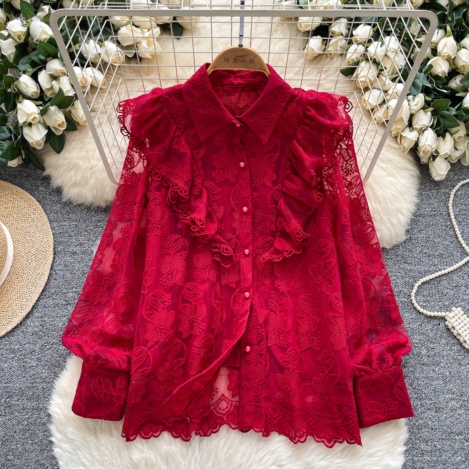 

Элегантная блузка с вышивкой во французском стиле, женская осенняя элитная рубашка на пуговицах с кружевной отделкой