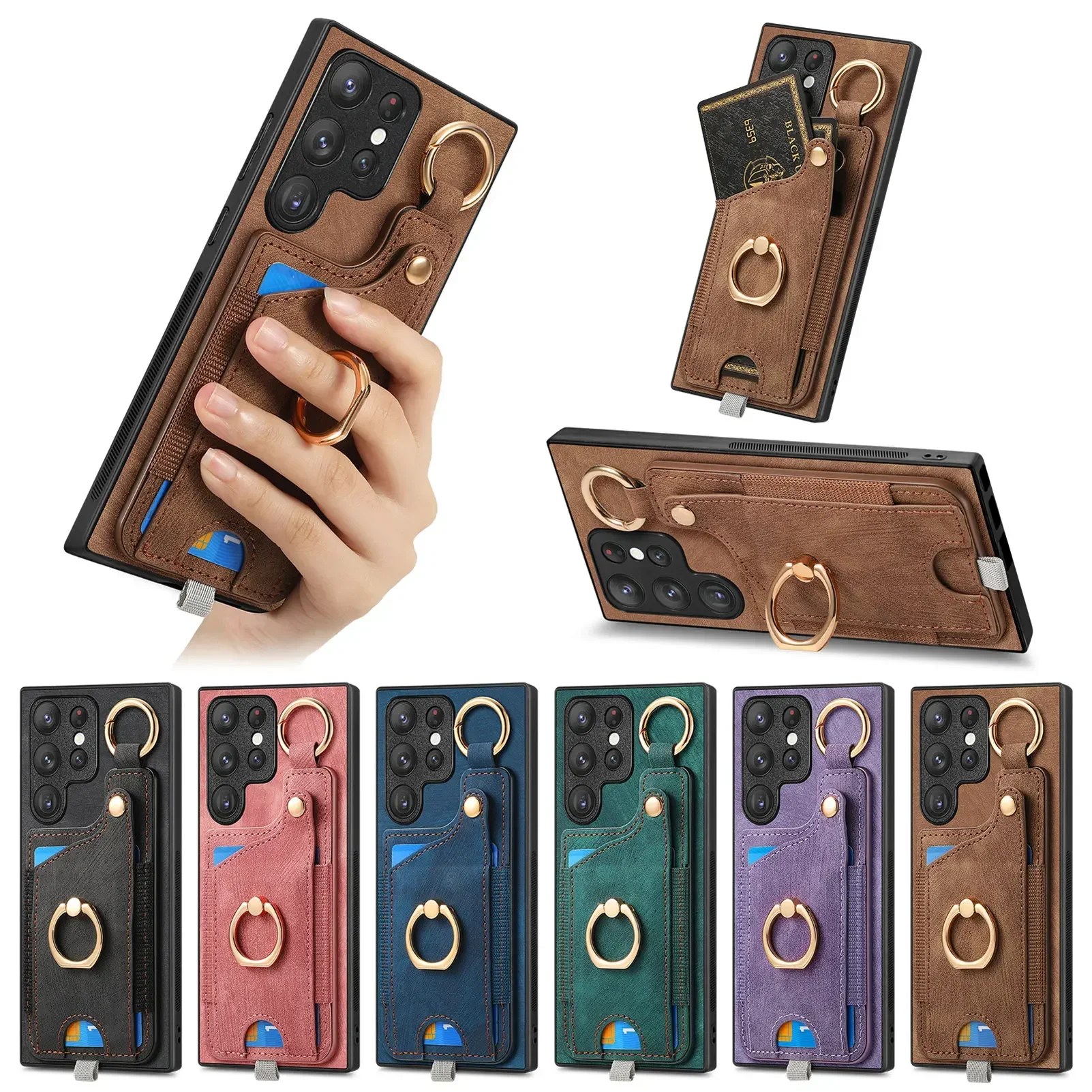 

Кожаный чехол-бумажник с кольцом-держателем для карт для Samsung Galaxy S24 S23 Ultra S22 Plus S21 FE A04 A14 A24 A34 A54 A05S A15 A25