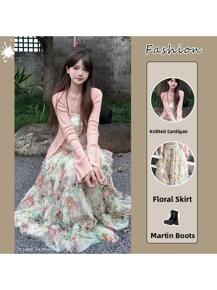 

Women's Three-Piece Set Gentle Knitted Open Cardigan Strap Vest High Waist Slim Print Skirt Spring Autumn Fashion Ensemble