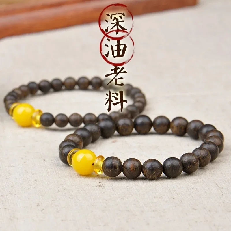 

6/8mm Real Natural Agarwood Wood Yellow Beeswax Old Honey Wax Beads Bracelet Jewelry Men Women Meditation Prayer Beaded Wooden