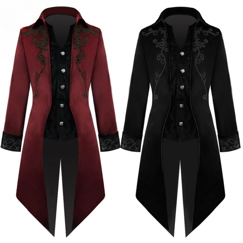 

Men Steampunk Gothic Print Coat Vintage Prince Retro Tailcoat Overcoat Medieval Renaissance Jacket Victorian Costumes for Adult