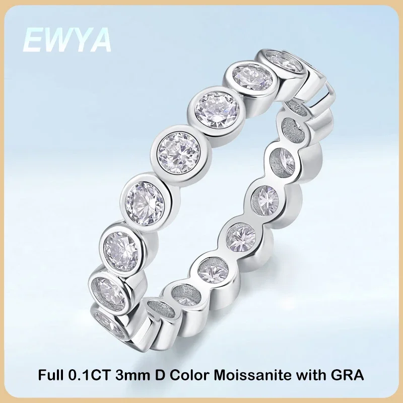 

EWYA Luxury 3mm 0.1CT Moissanite Full Eternity Ring For Women S925 Silver Plated 18K Pass Diamond Test Bezel Rings Wedding Band